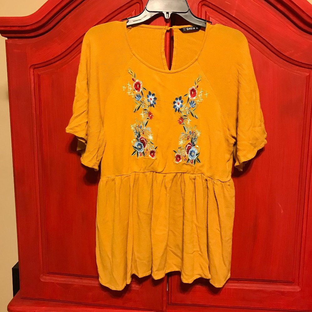 SHEIN size 3XL gold embroidered flower peplum blouse shirt BOHO